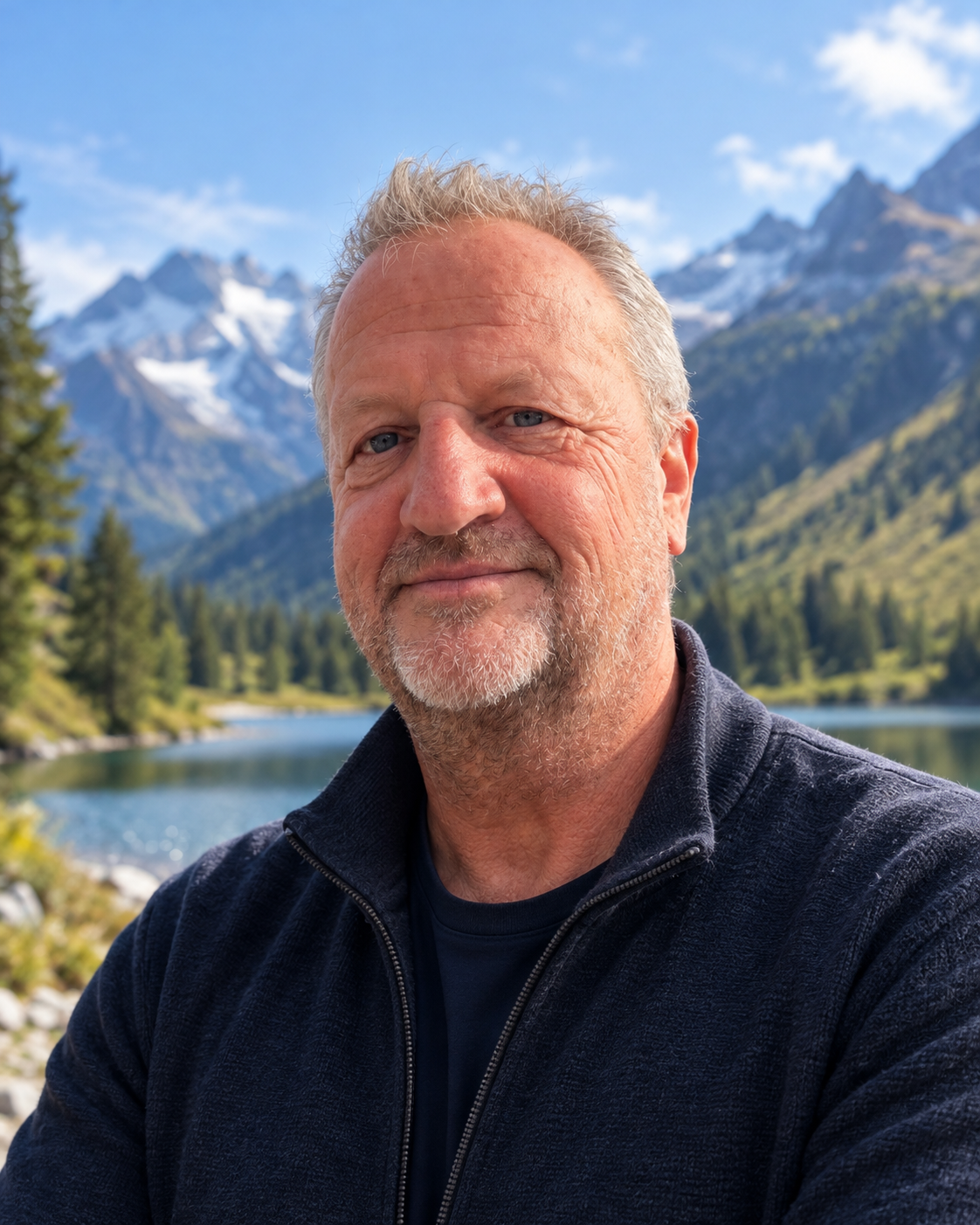 Manuel Reich, founder of POWERbuilder, photographed outdoors in front of an alpine lake and mountain peaks
