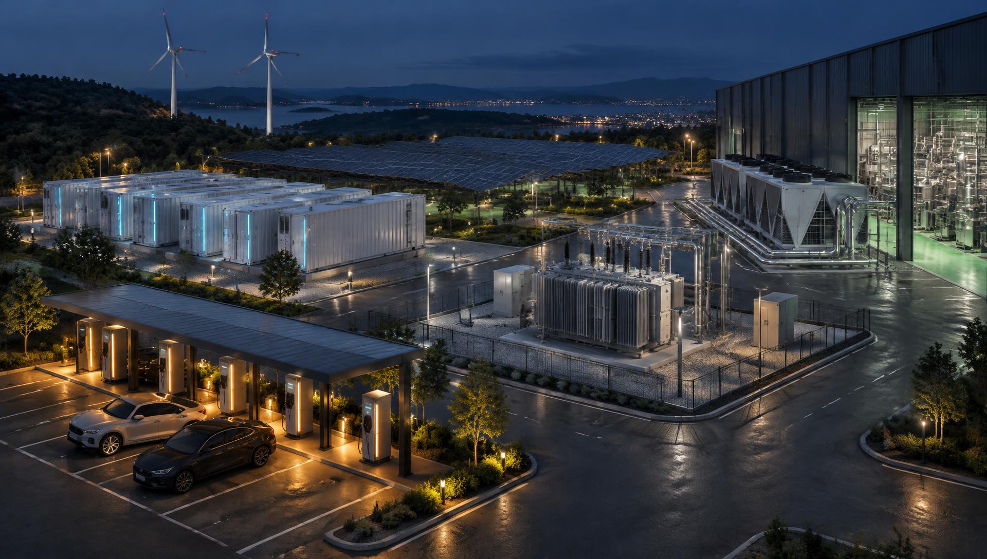 Konzeptioneller Energiecampus mit Ladeinfrastruktur, Speichern und Erzeugung
