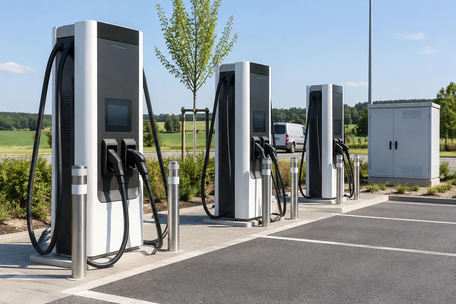KI-generierter HPC-Ladestandort bei Tageslicht mit Kabel- und Steuerungskontext; keine Alpitronic-Installation