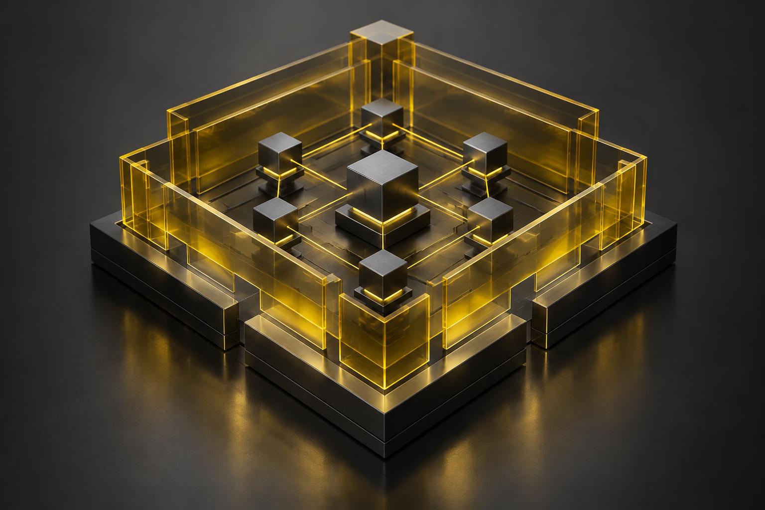 Abstract graphite network nodes within layered yellow protective boundaries; not a verified SaiFlow architecture or installation