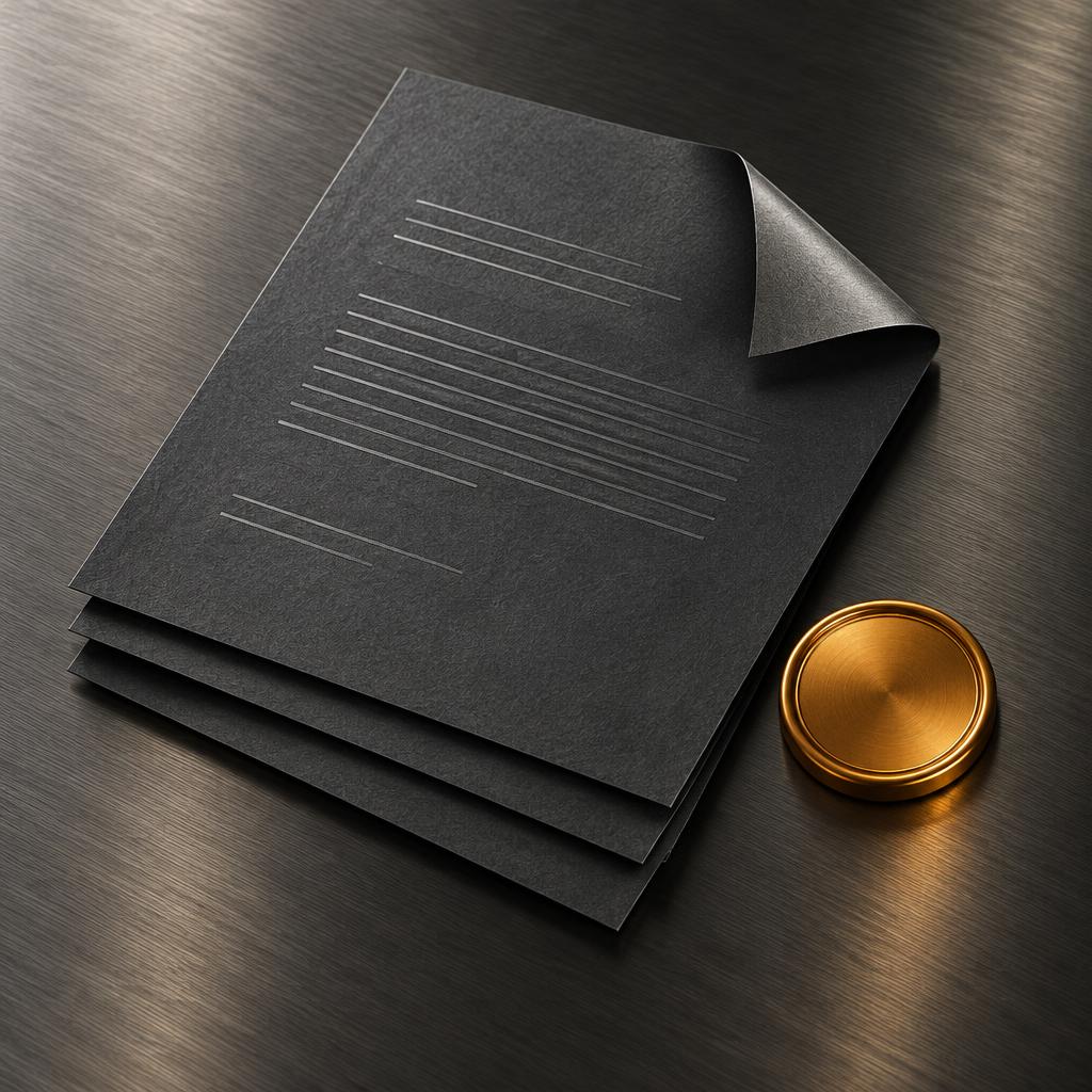 Abstract graphite document stack and gold seal, symbolising insurance risk transfer; not a policy or physical EVC Cover product