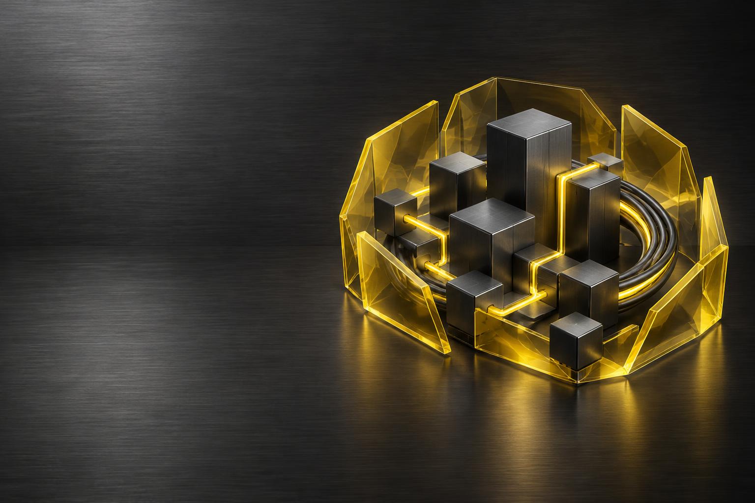 Abstract yellow protective architecture enclosing graphite infrastructure and network forms; not actual equipment
